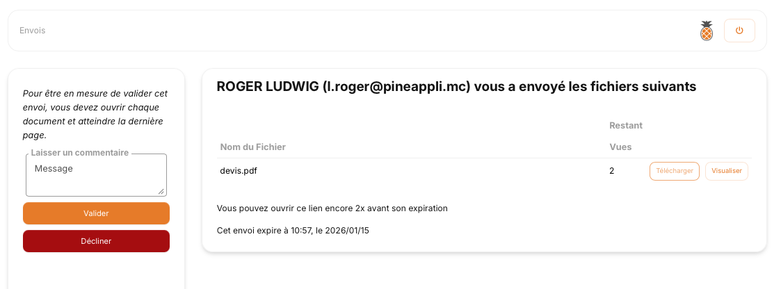 Illustration : page d’envoi avec validation