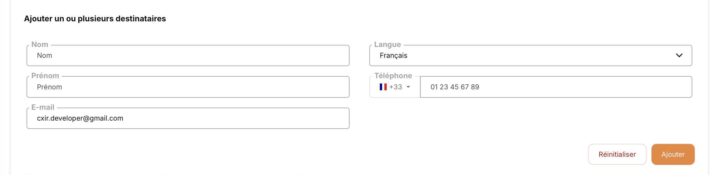 Illustration : zone ajout d’un destinataire