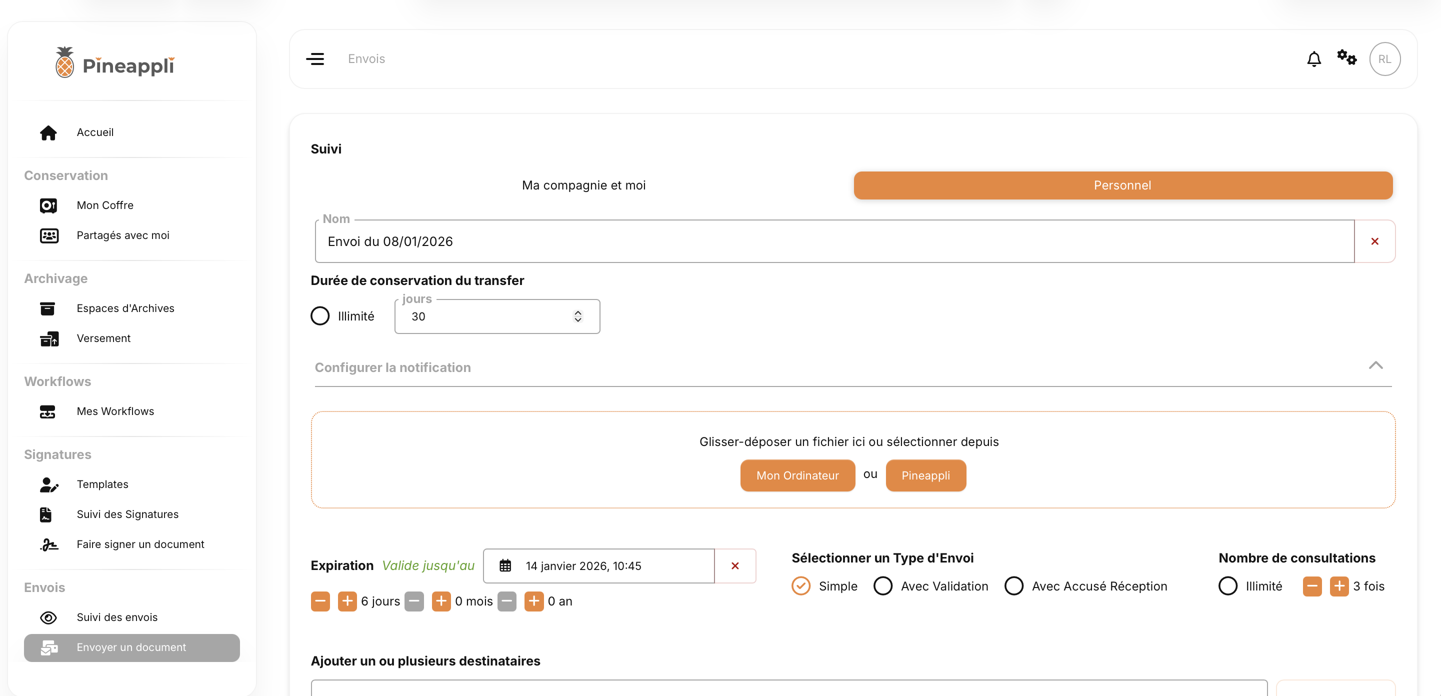 Illustration : création d’un envoi