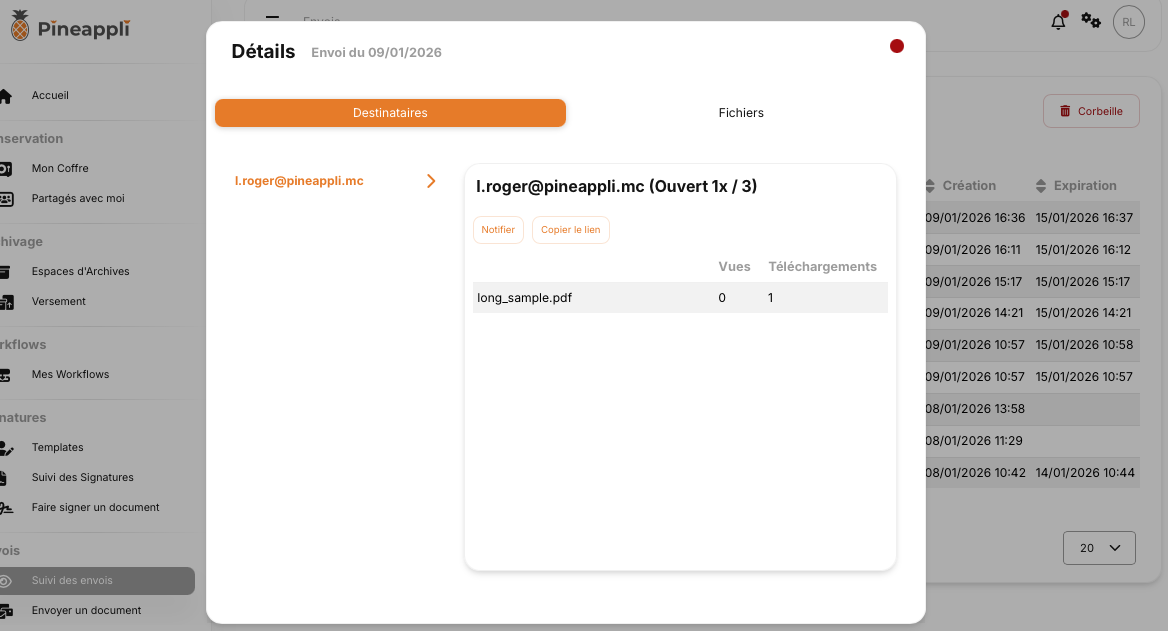 Illustration : détail d’un envoi suivi