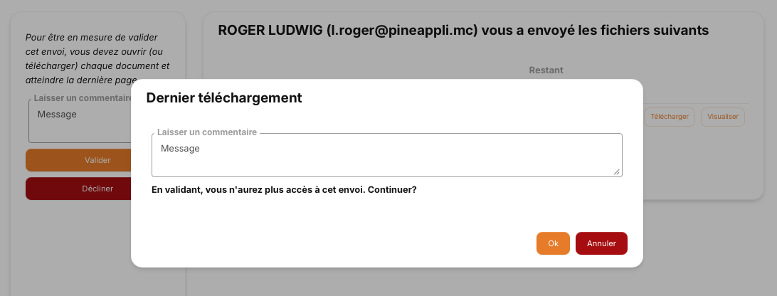Illustration : refus d’un envoi avec validation