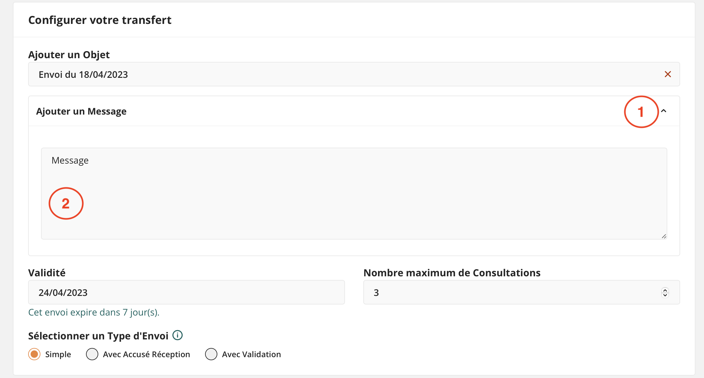 Vue de la Section Configurer avec Message