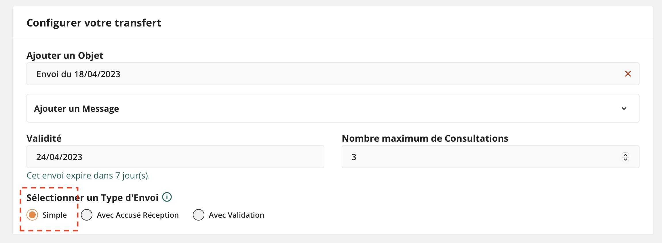 Vue de la Section Configurer avec Envoi Simple