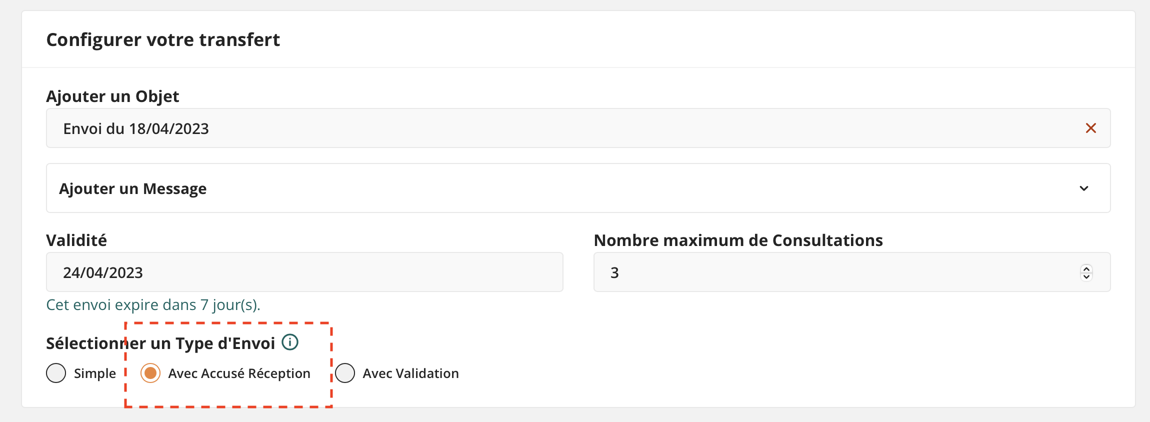 Vue de la Section Configurer avec Accusé