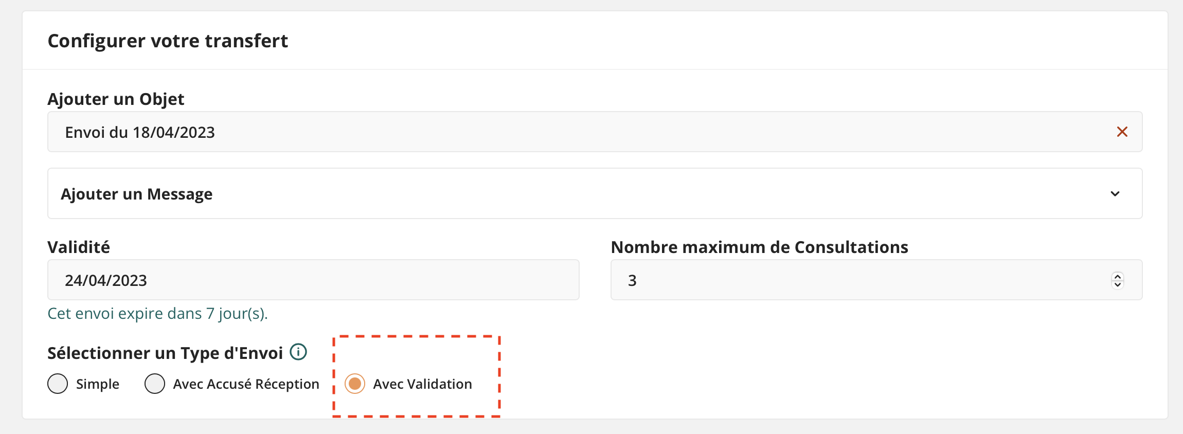 Vue de la Section Configurer avec Validation